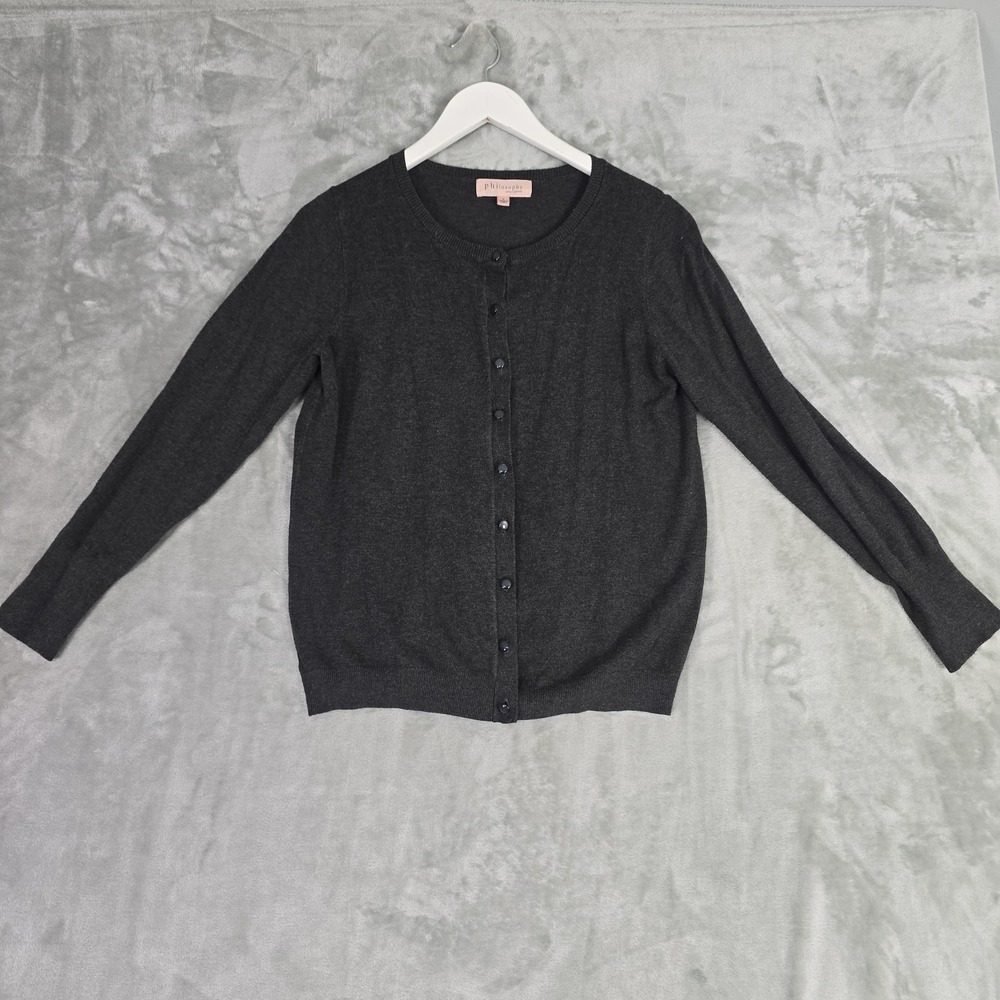 Philosophy Charcoal Gray Cardigan Sweater L Stretch Preppy Academia Old Money
